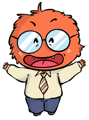 The StudyMonster teacher, a friendly red monster with glasses