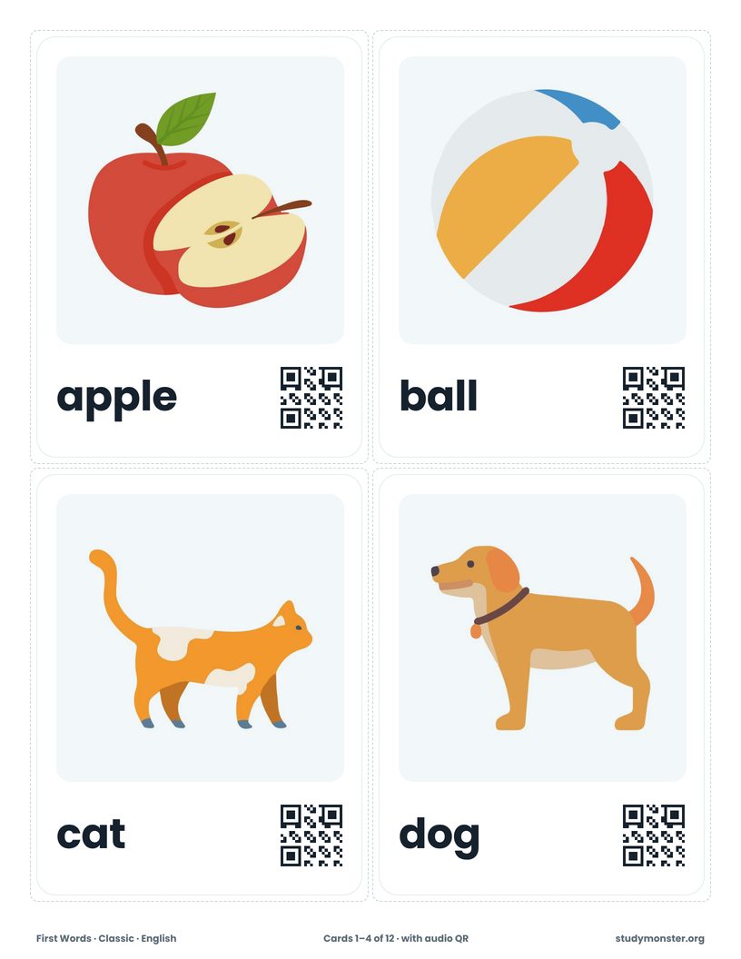 A printed flashcards sheet