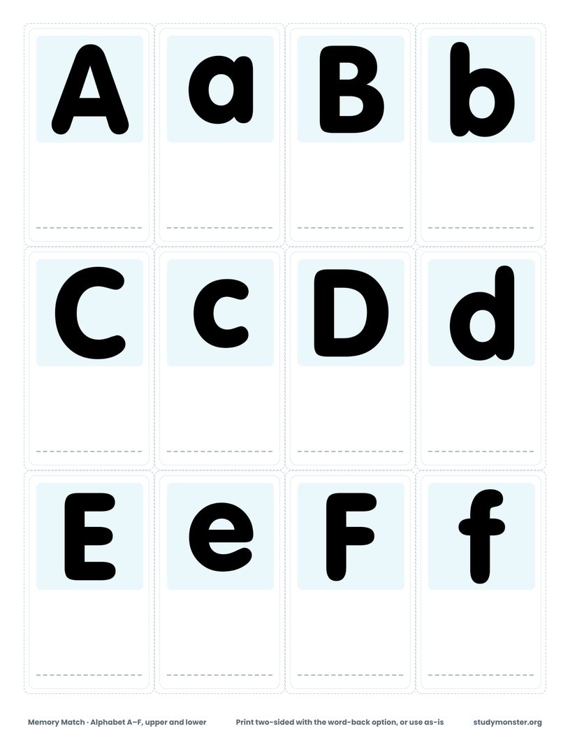 A printed memory match sheet
